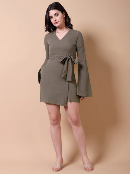 Bell Sleeve Fit and Flare Mini Dress | Brown
