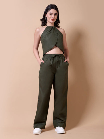 Linen Halter Co-ord Set | Dark Green