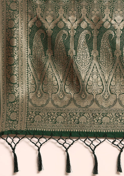 Dark Green Traditional Woven Tussar Saree