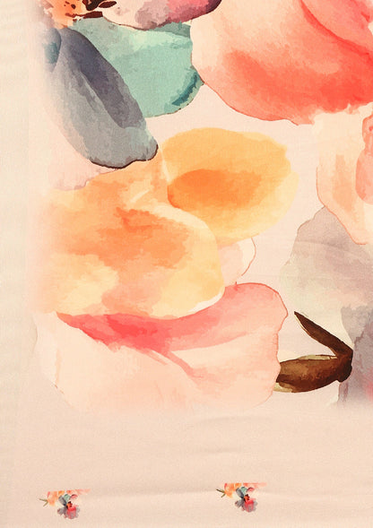 Beige Watercolor Floral Digital Printed Satin Saree