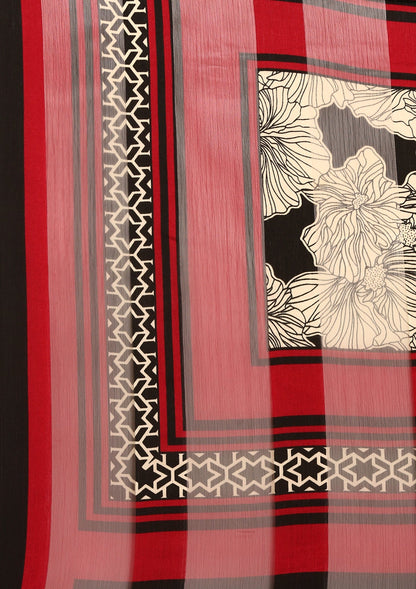 Black Abstract Floral Printed Chiffon Saree