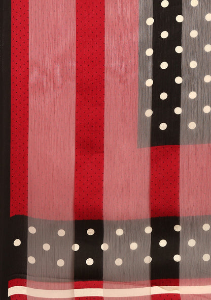 Black And Cream Polkadots Printed Chiffon Saree