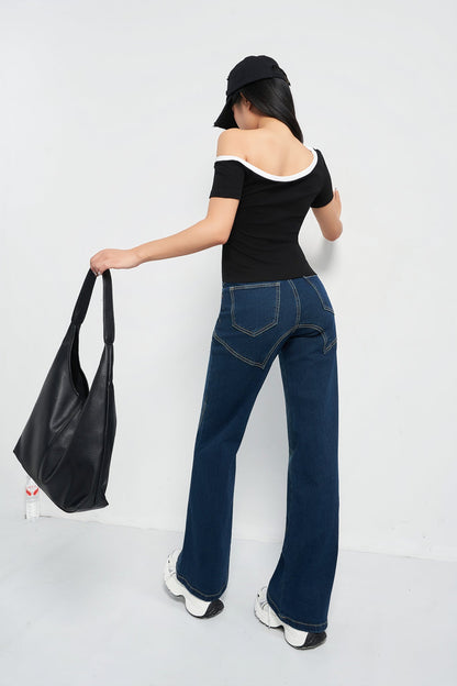Blue Seam Detail Wide Leg Jeans
