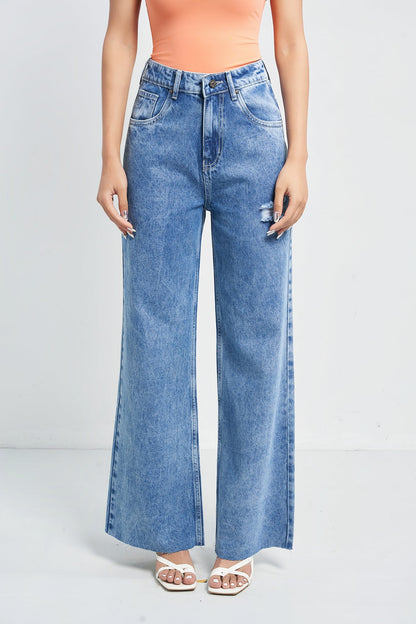 Raw Rip Stone Blue Wide Leg Jeans