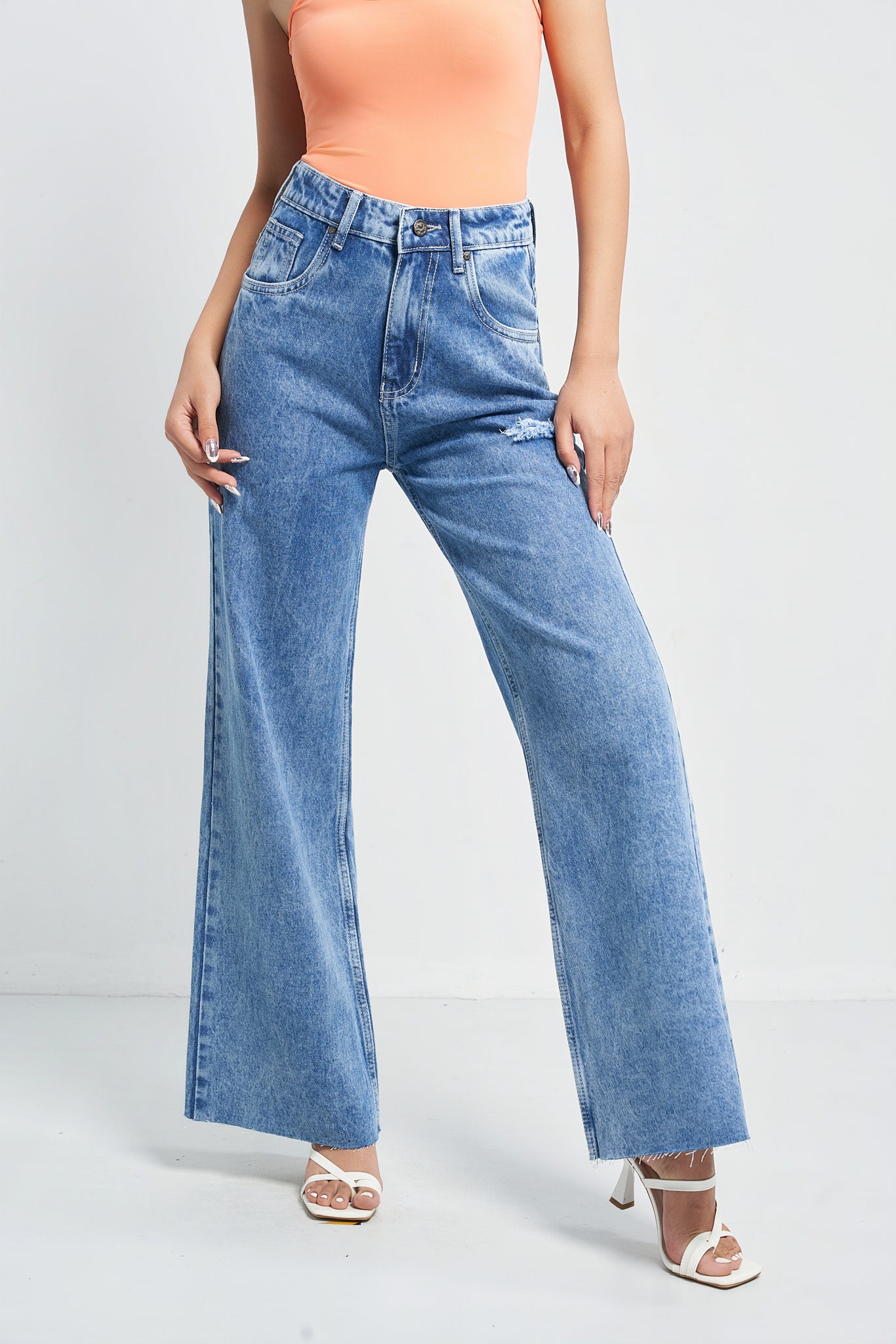 Raw Rip Stone Blue Wide Leg Jeans