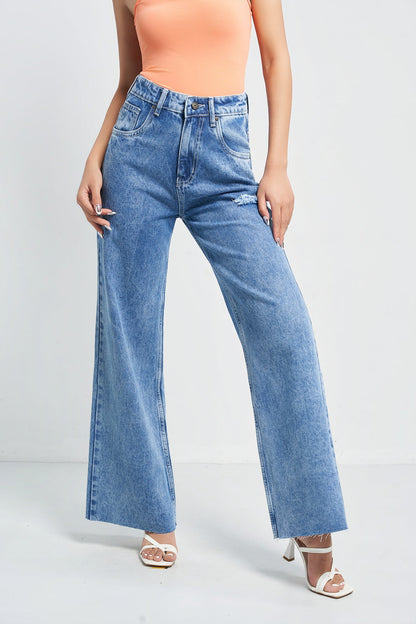 Raw Rip Stone Blue Wide Leg Jeans