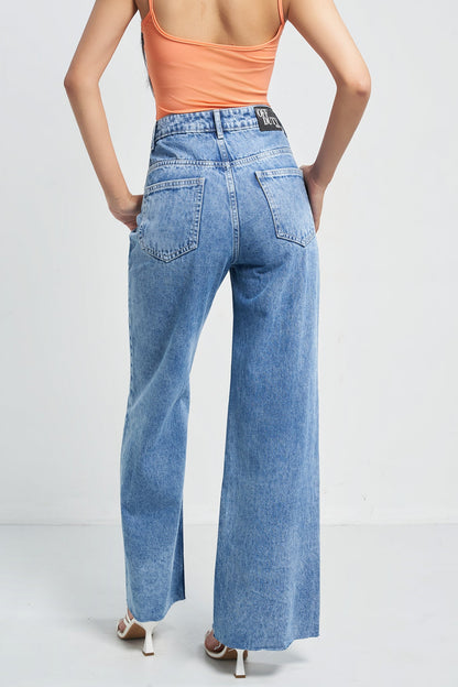 Raw Rip Stone Blue Wide Leg Jeans
