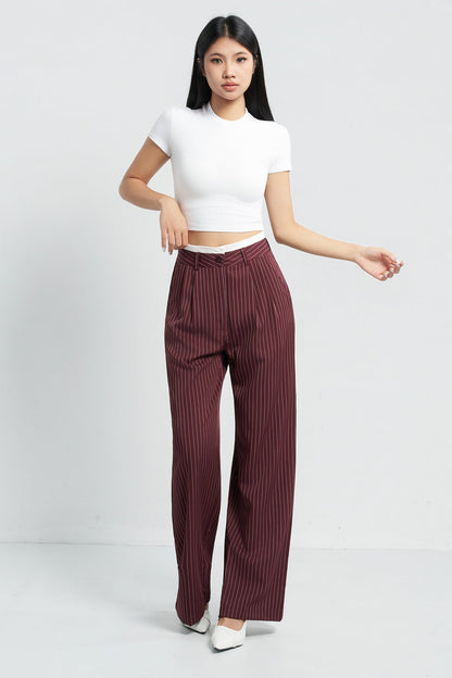 Striped Boxer Wide Leg Trousers - Maroon