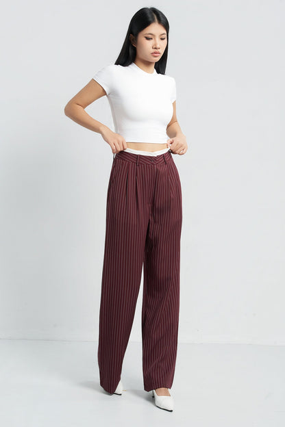 Striped Boxer Wide Leg Trousers - Maroon