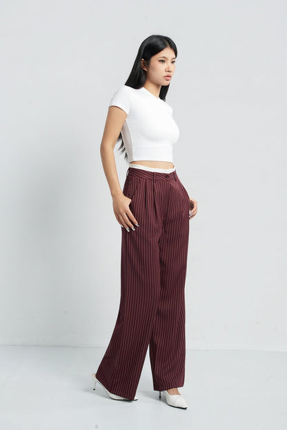 Striped Boxer Wide Leg Trousers - Maroon