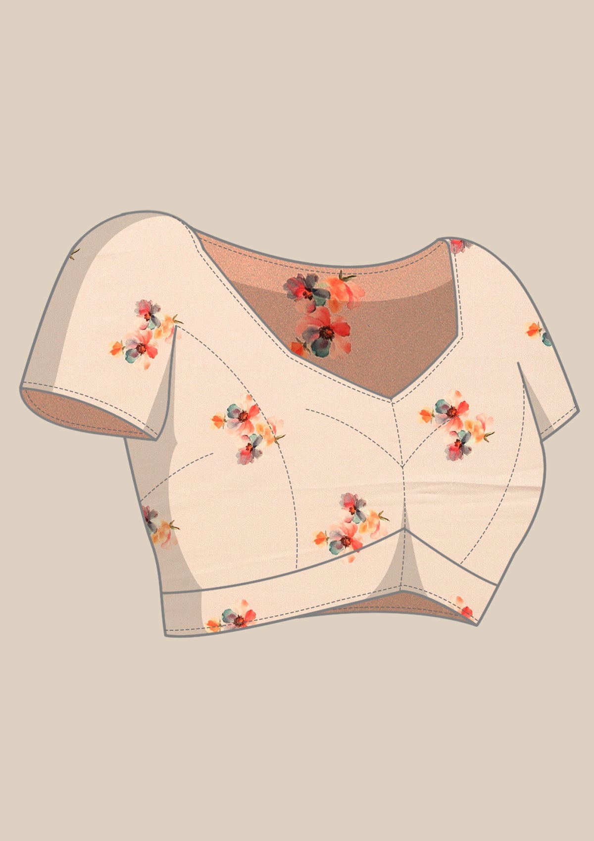 Beige Watercolor Floral Digital Printed Satin Saree