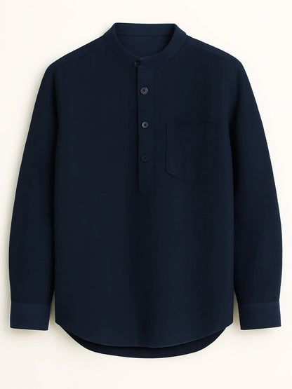 Navy Blue Linen Blend Textured Short Kurta