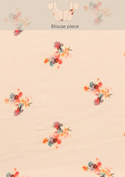 Beige Watercolor Floral Digital Printed Satin Saree