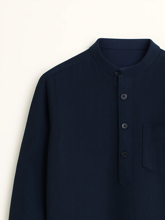 Navy Blue Linen Blend Textured Short Kurta