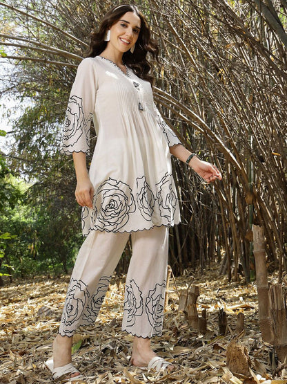 Hem Design V Neck Pure Cotton Tunic With Palazzo Co-Ords