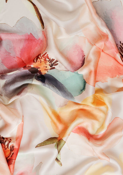 Beige Watercolor Floral Digital Printed Satin Saree