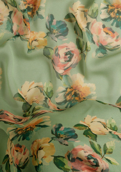 Dusty Green Floral Printed Georgette Saree