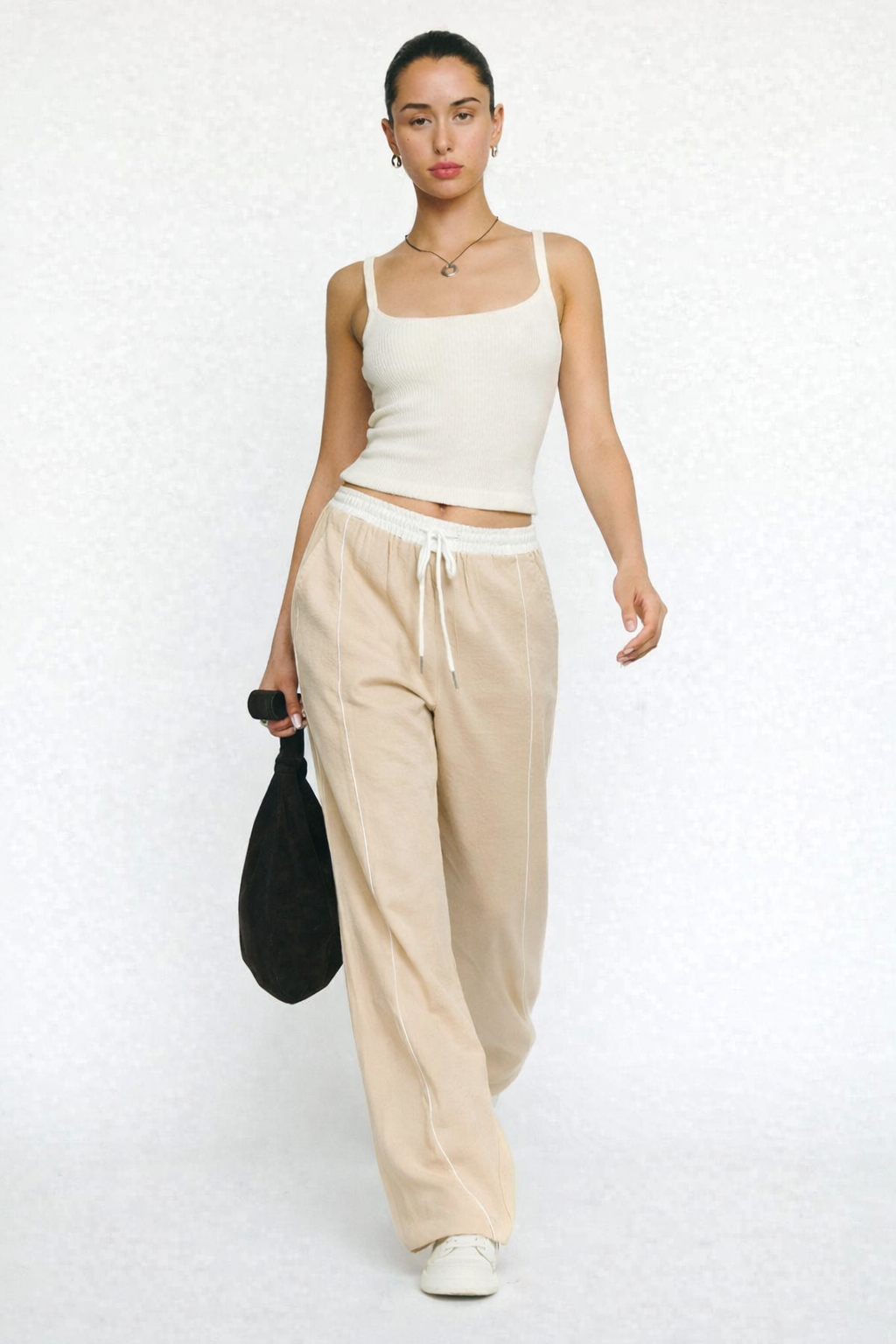 Drawstring Wide Leg Pants - Beige
