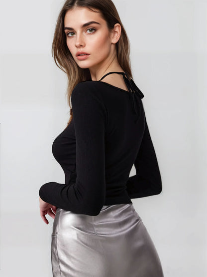 MWB Halter Neckline Button Long Sleeve Top