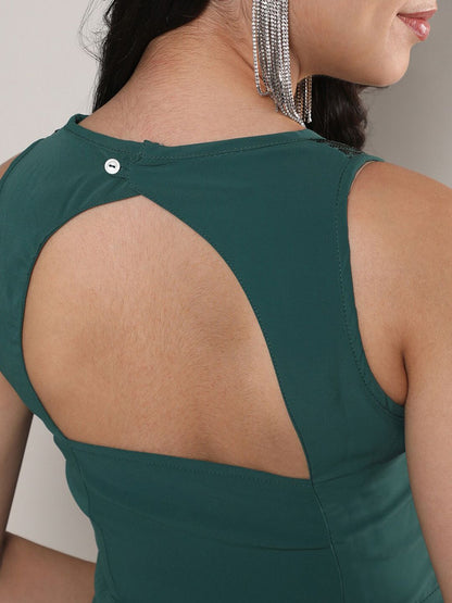 Green Striped Sleeveless Midi Party Dress