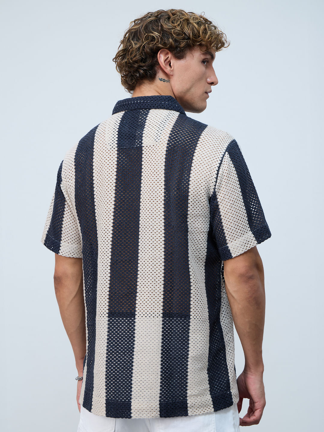 Open-Knit Shirt: Navy Stripes