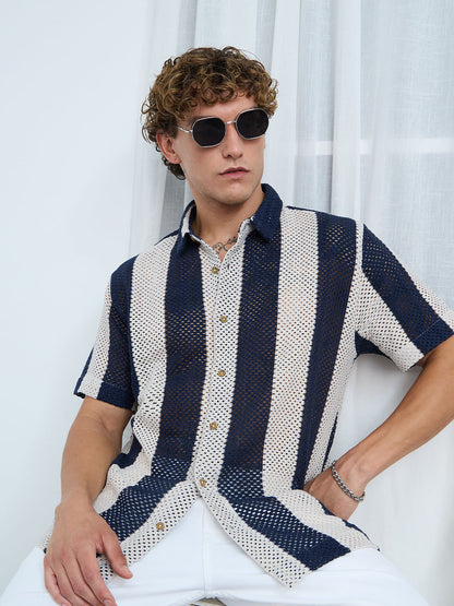 Open-Knit Shirt: Navy Stripes
