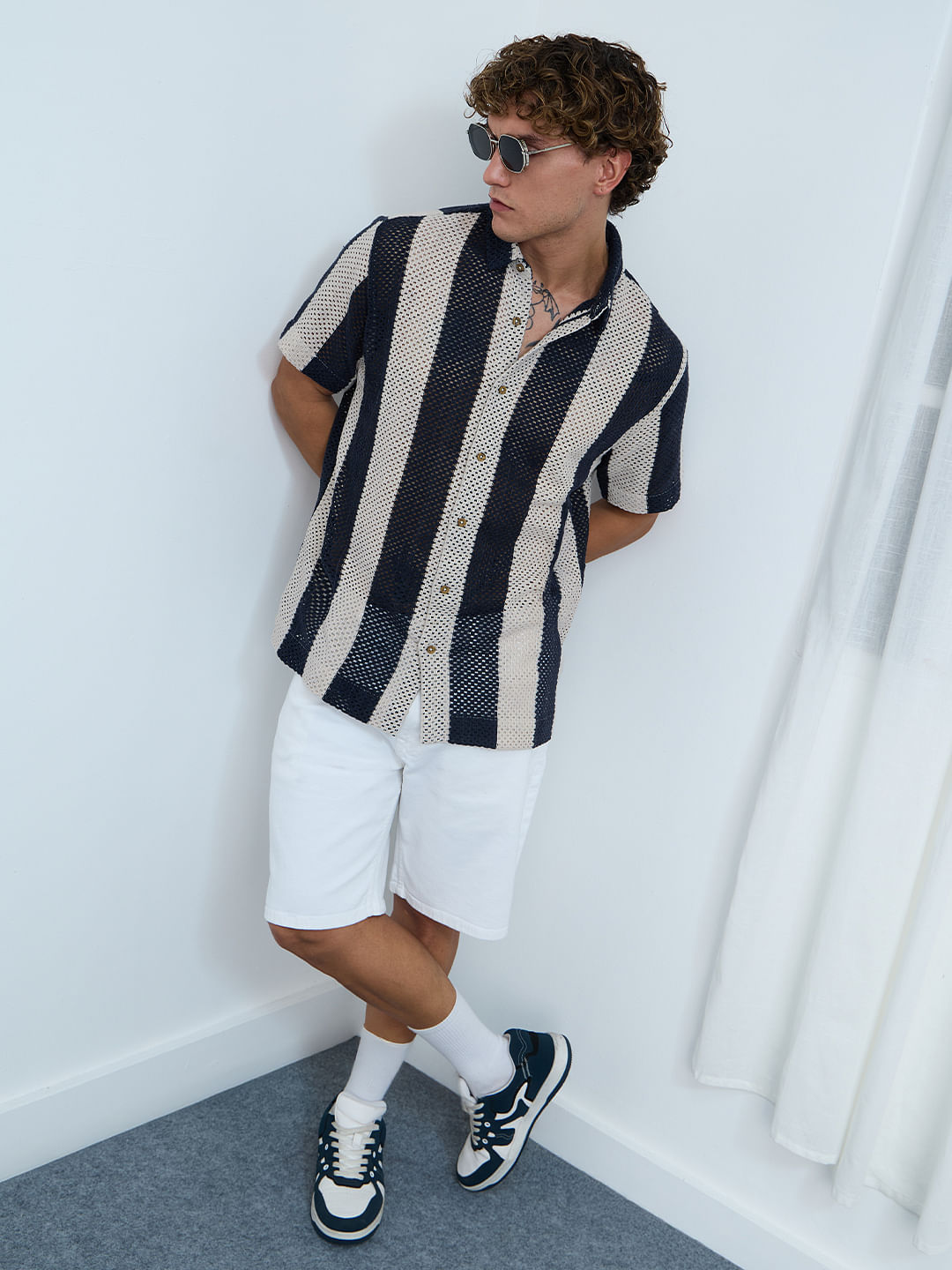 Open-Knit Shirt: Navy Stripes