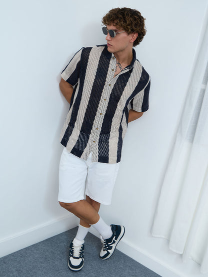 Open-Knit Shirt: Navy Stripes