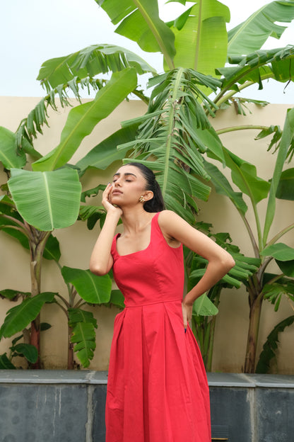 Pleated Midi Dress (Red)