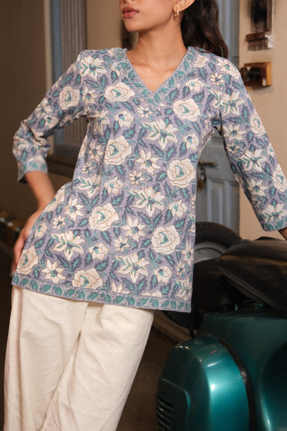 Border Short Kurti (Dusty Blue)