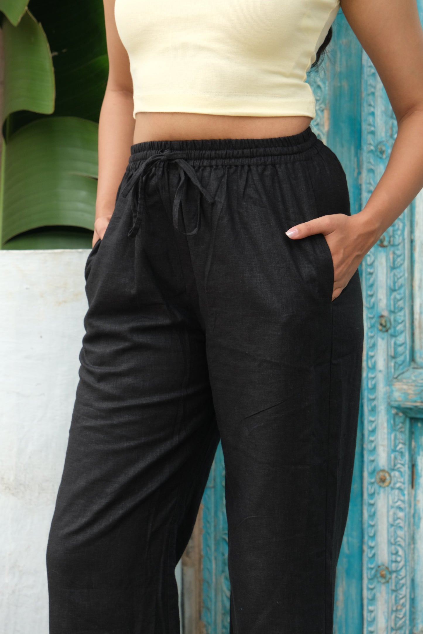 Linen Drawstring Trousers (Black)