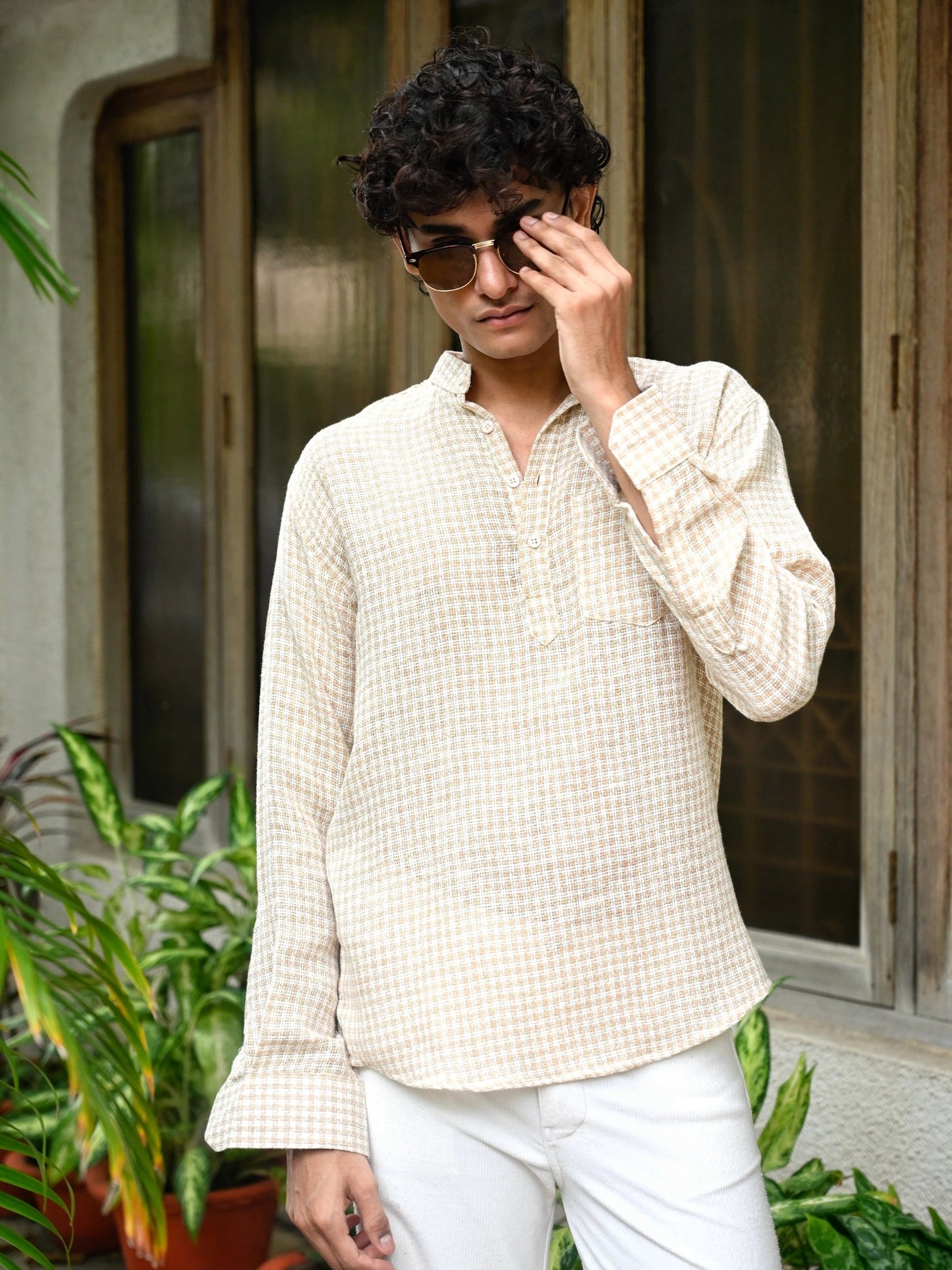 Tan Self Pattern Yarn Dyed Short Kurta