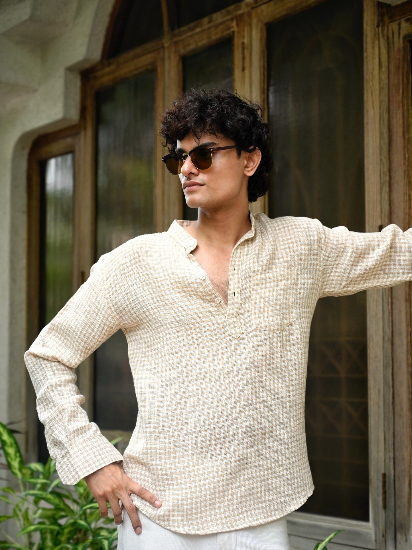 Tan Self Pattern Yarn Dyed Short Kurta