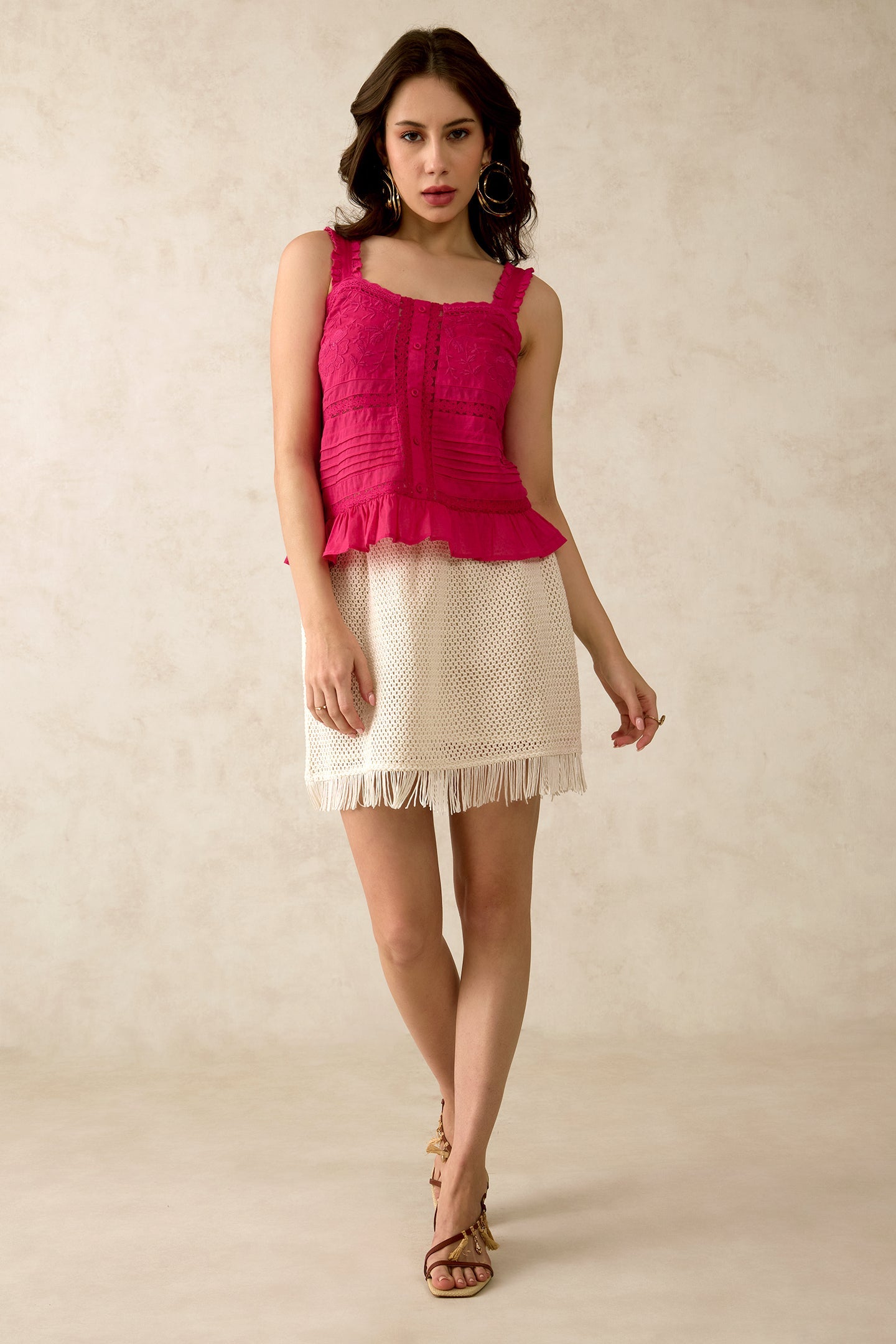 100% Cotton Crochet Mini Skirt With Fringes