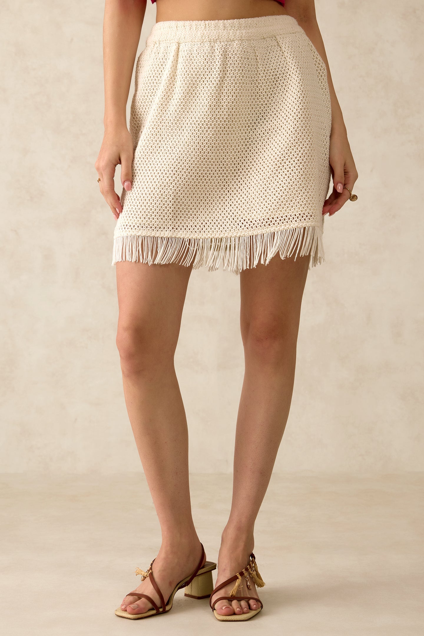 100% Cotton Crochet Mini Skirt With Fringes