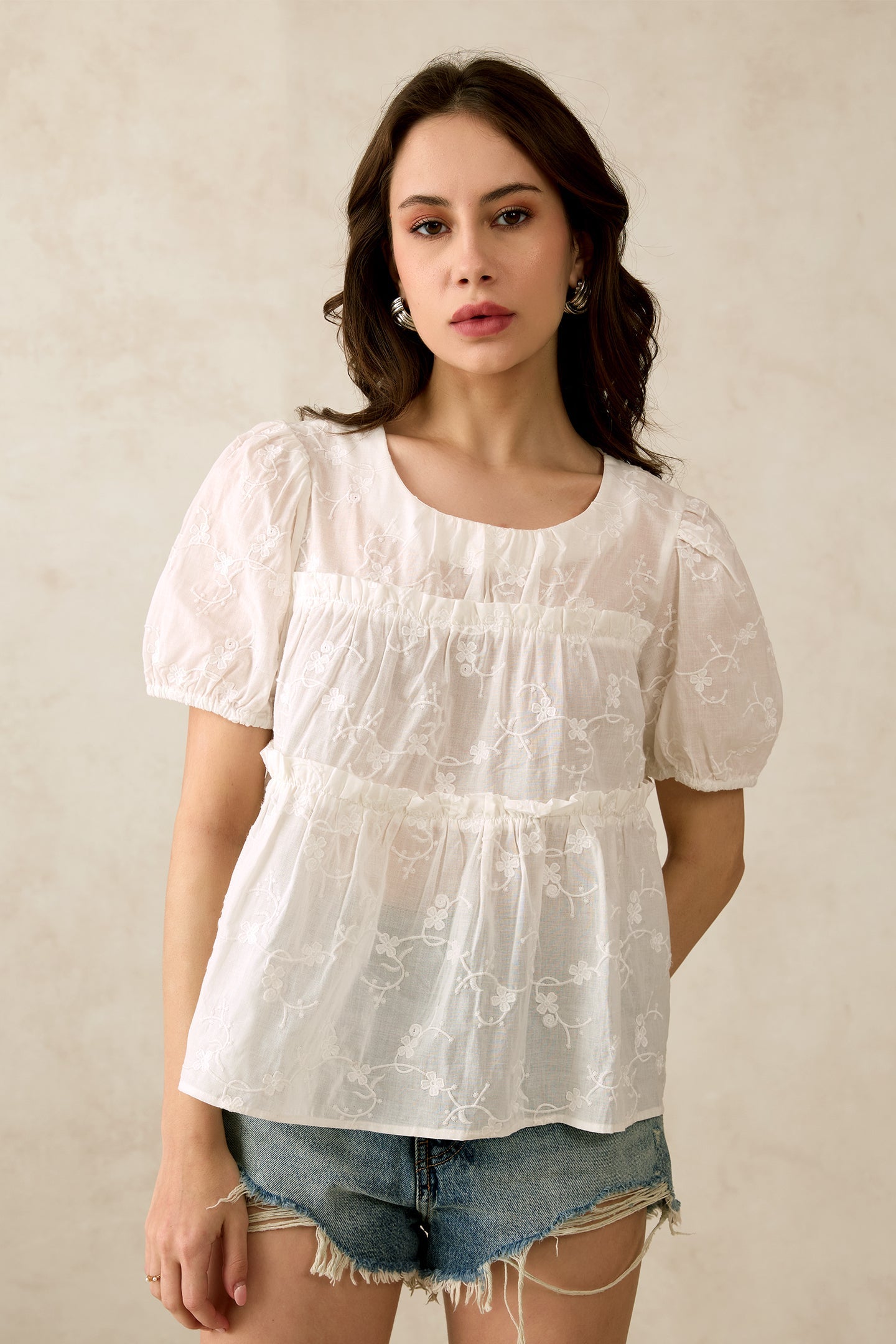 Embroidered Top With Ruffles