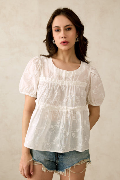 Embroidered Top With Ruffles