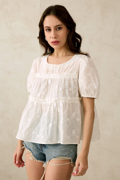 Embroidered Top With Ruffles