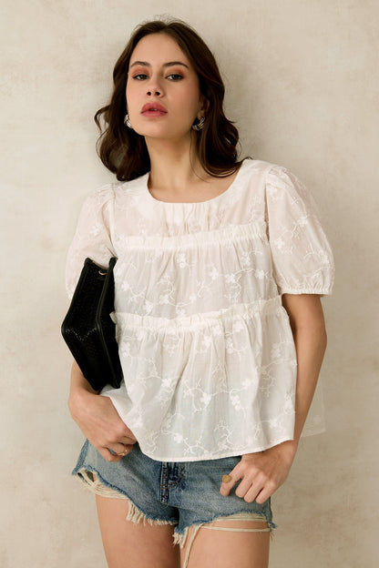 Embroidered Top With Ruffles