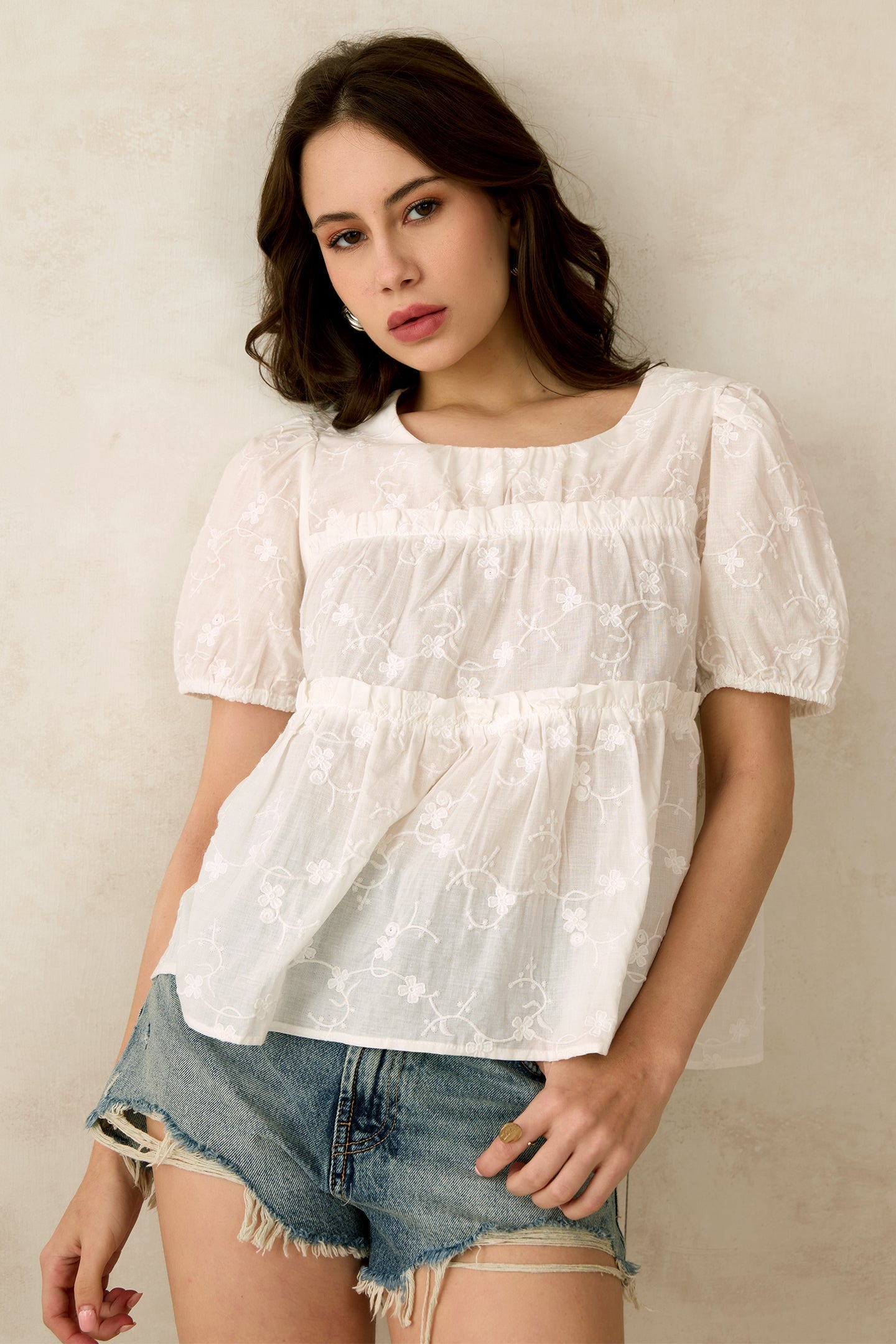 Embroidered Top With Ruffles