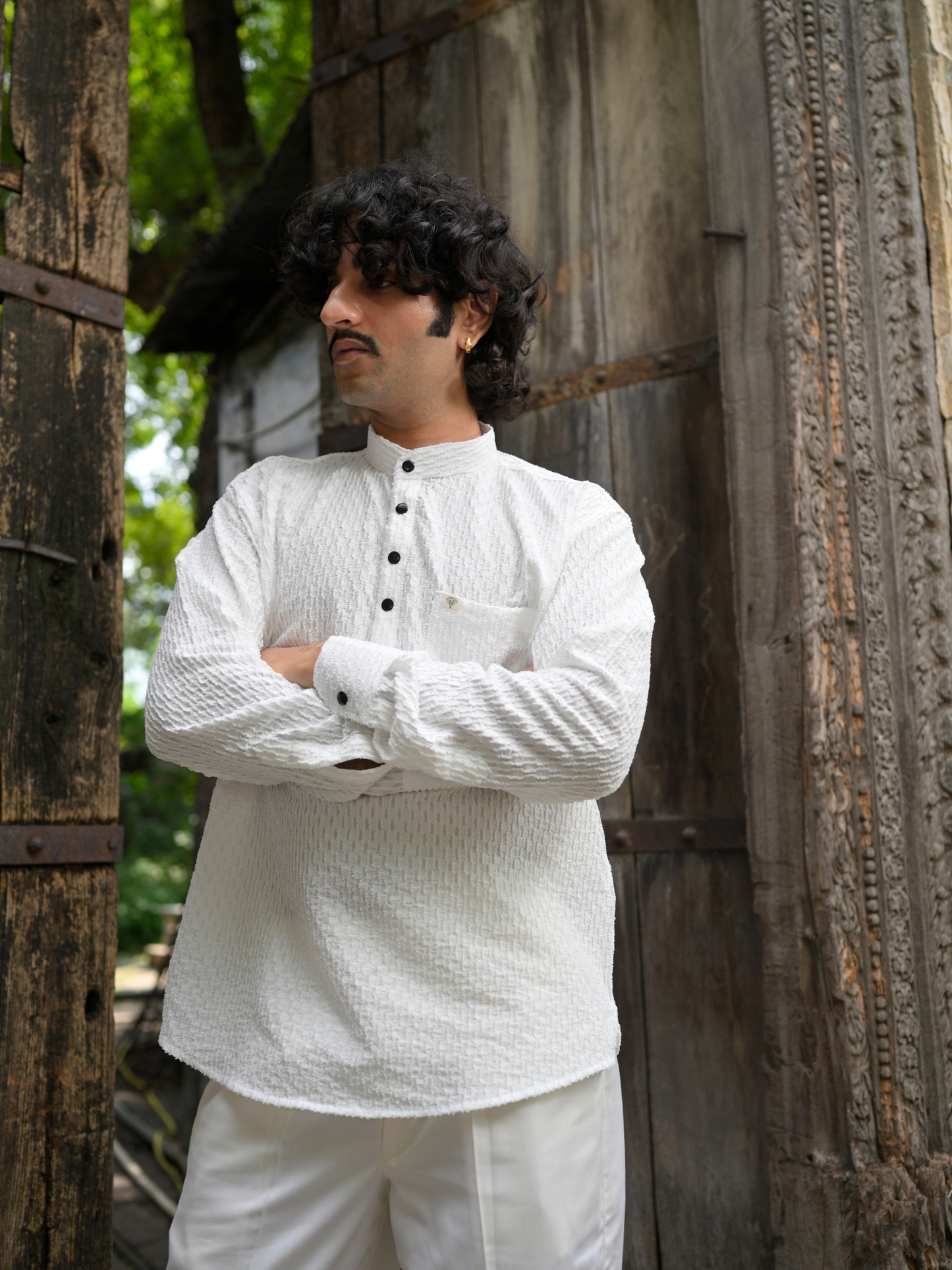 White Texture Weave Short Kurta