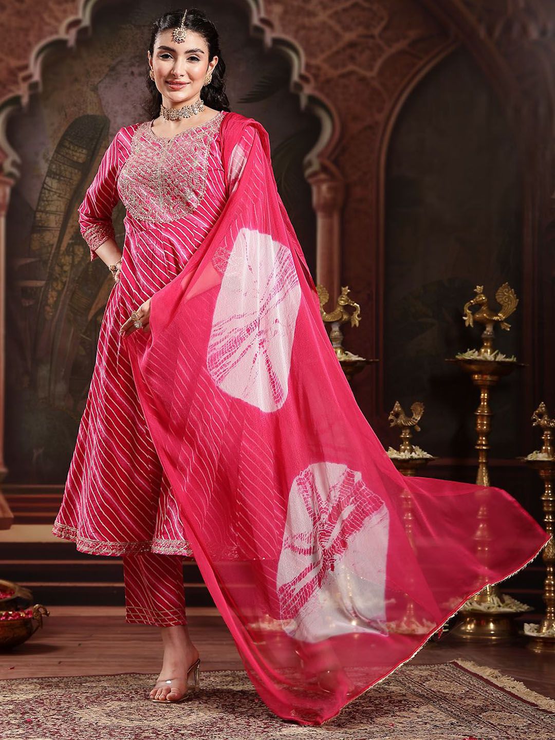 Leheriya Printed Empire Sequinned Pure Cotton Anarkali Kurta With Trouser & Dupatta