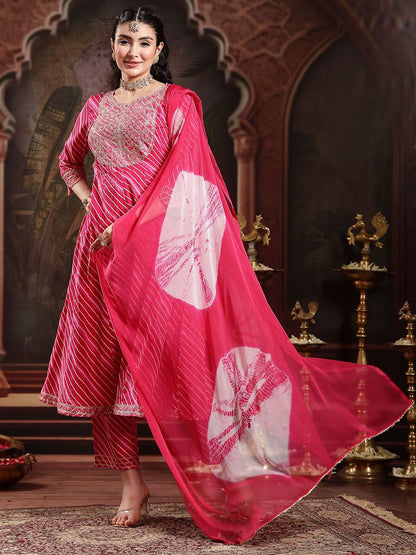 Leheriya Printed Empire Sequinned Pure Cotton Anarkali Kurta With Trouser & Dupatta