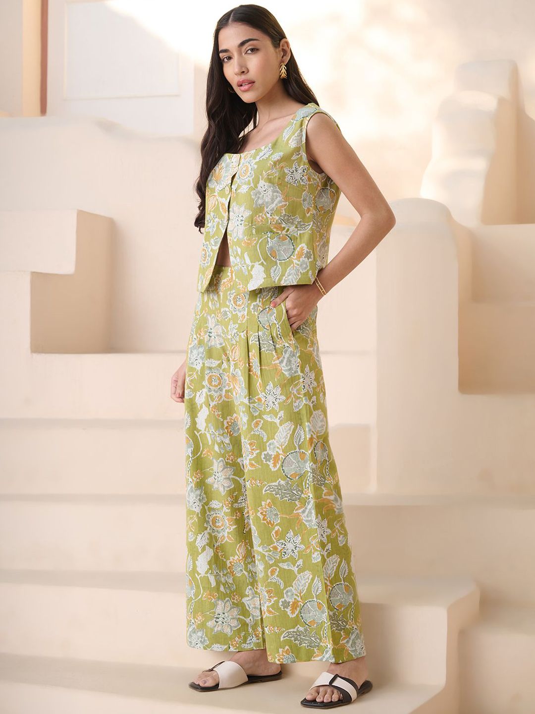 Printed Round Neck Pure Cotton Shirt With Trousers Co-Ords