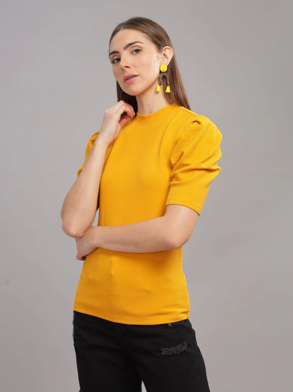 Women Karara Top, Short Sleeve, Polyester, Mustard