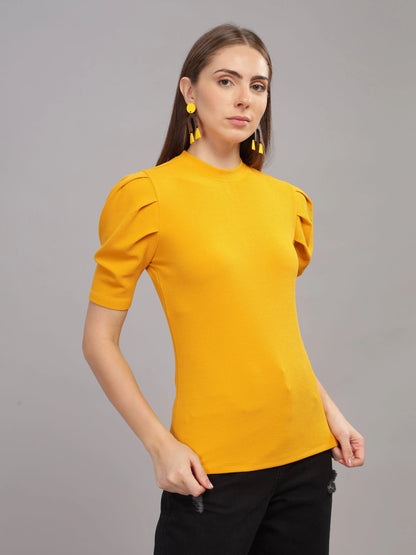 Women Karara Top, Short Sleeve, Polyester, Mustard