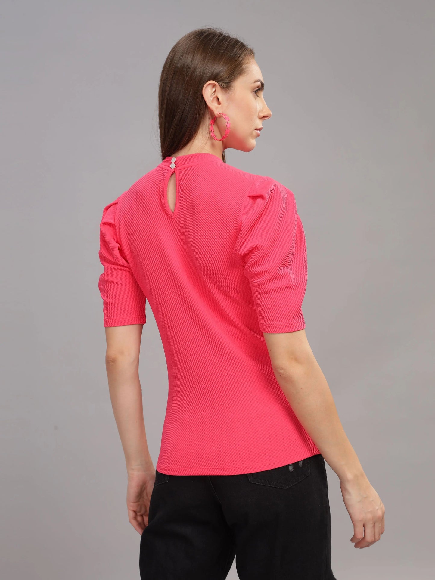 Women Karara Top, Puff Sleeve, Polyester, Pink