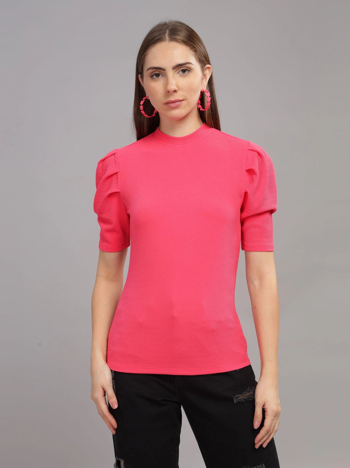 Women Karara Top, Puff Sleeve, Polyester, Pink