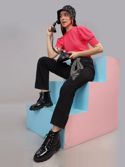 Women Karara Top, Puff Sleeve, Polyester, Pink