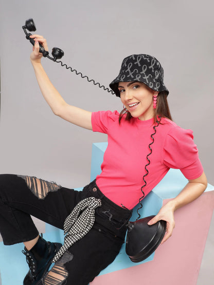 Women Karara Top, Puff Sleeve, Polyester, Pink